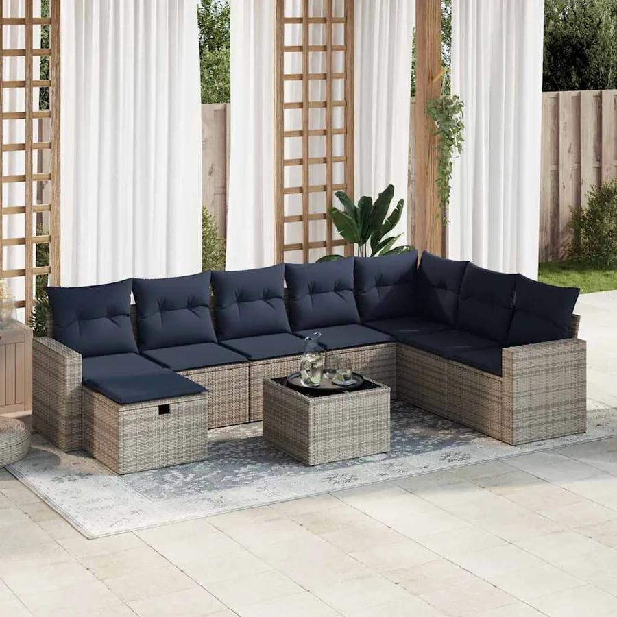 Salon de jardin 9 pcs avec coussins gris résine tressée