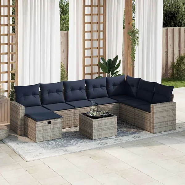 Salon de jardin 9 pcs avec coussins gris résine tressée