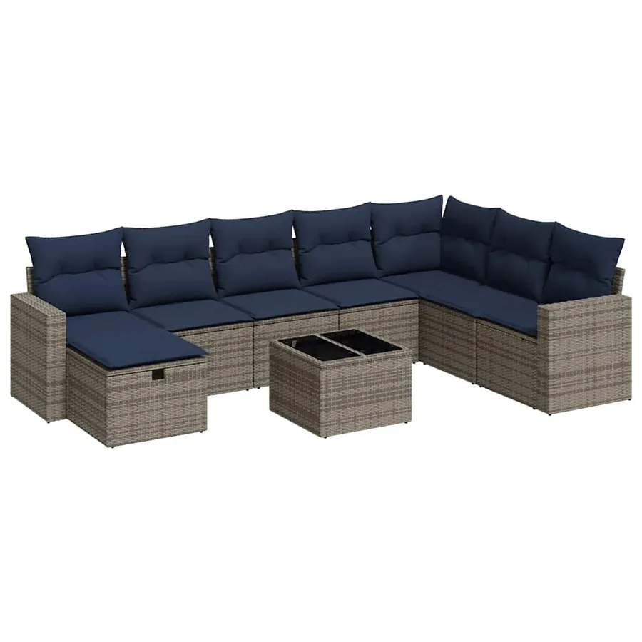 Salon de jardin 9 pcs avec coussins gris résine tressée - 2