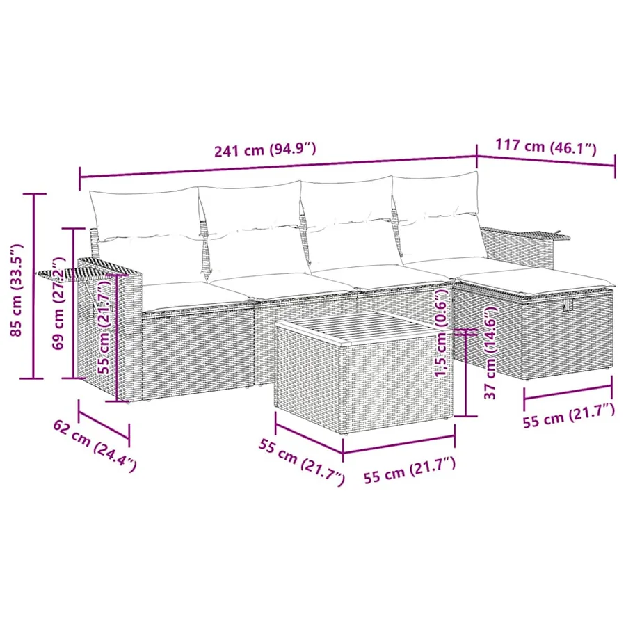 Salon de jardin 6 pcs avec coussins gris résine tressée - 13