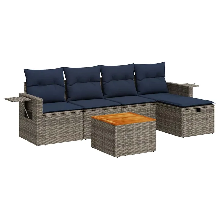 Salon de jardin 6 pcs avec coussins gris résine tressée - 2