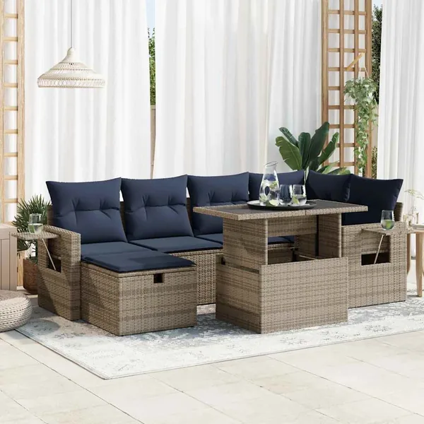 Salon de jardin avec coussins 7pcs gris résine tressée acacia