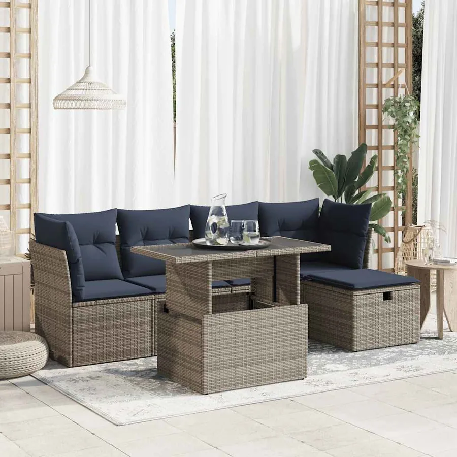 Salon de jardin avec coussins 6 pcs gris résine tressée acacia