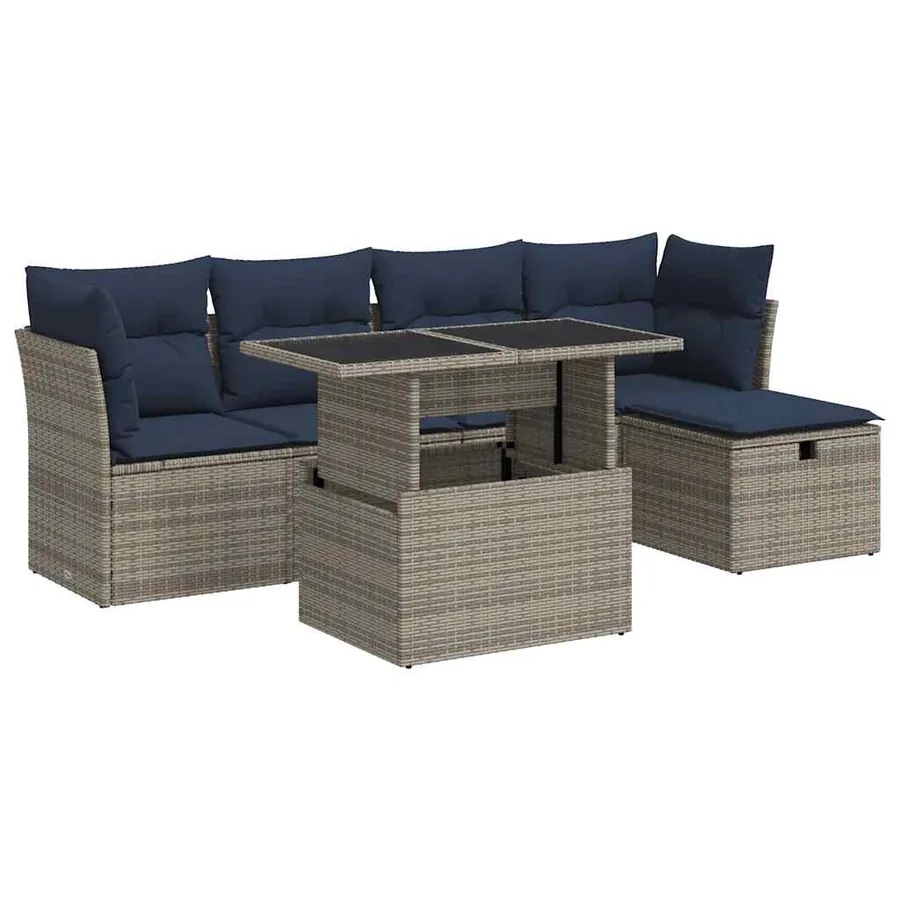 Salon de jardin avec coussins 6 pcs gris résine tressée acacia - 2