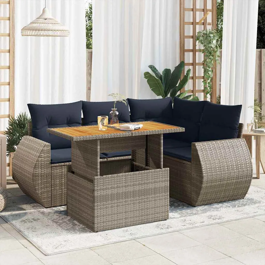 Salon de jardin 5 pcs avec coussins gris résine tressée