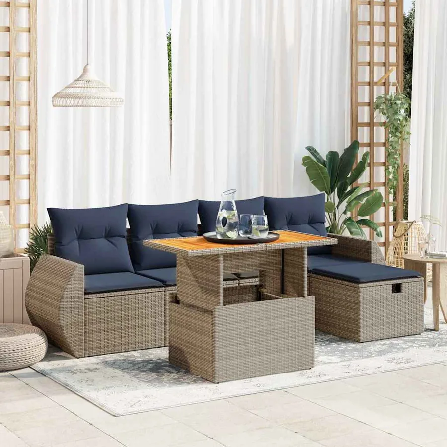 Salon de jardin 6 pcs avec coussins noir résine tressée acacia