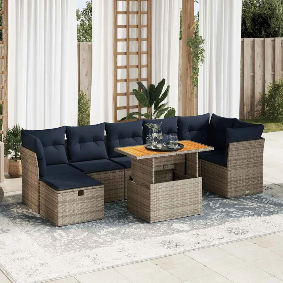 Salon de jardin 8pcs avec coussins marron résine tressée acacia