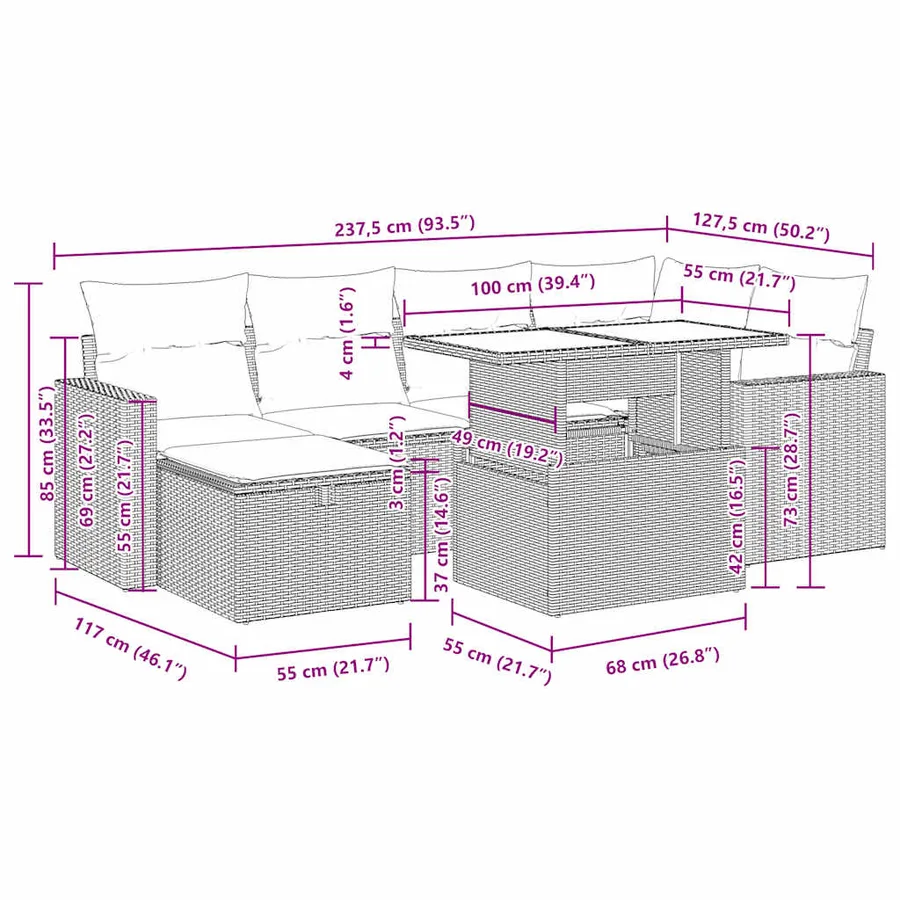 Salon de jardin avec coussins 7pcs gris résine tressée acacia - 17