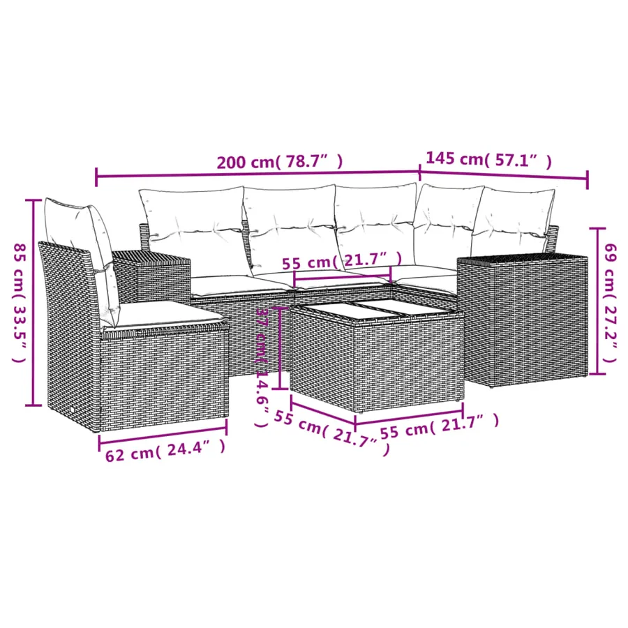 Ensemble de canapé de jardin 6 pcs avec coussins gris résine tressée - 8