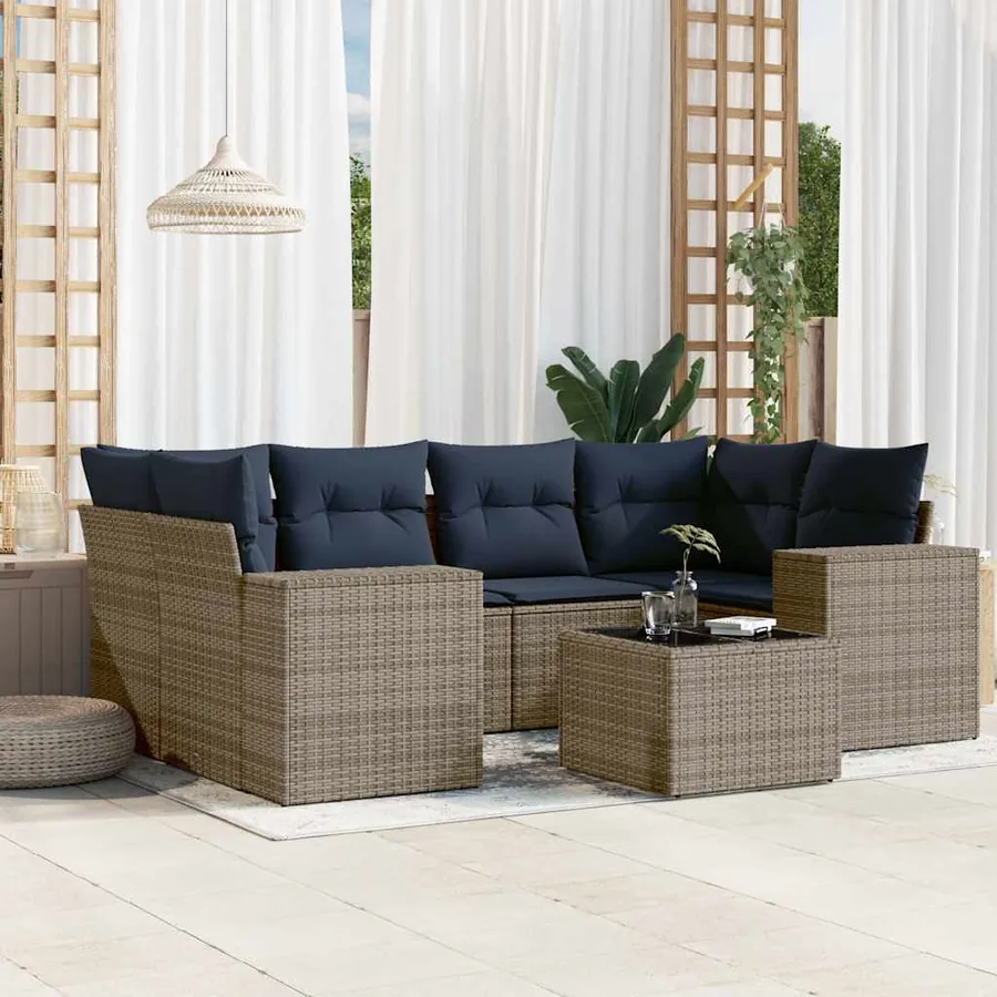 Ensemble de canapé de jardin 7 pcs avec coussins gris résine tressée