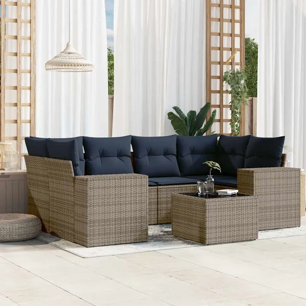 Ensemble de canapé de jardin 7 pcs avec coussins gris résine tressée