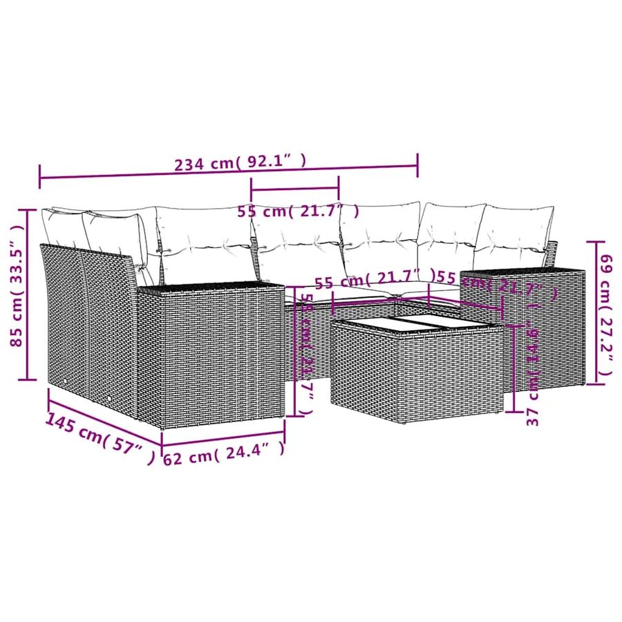 Ensemble de canapé de jardin 7 pcs avec coussins gris résine tressée - 8