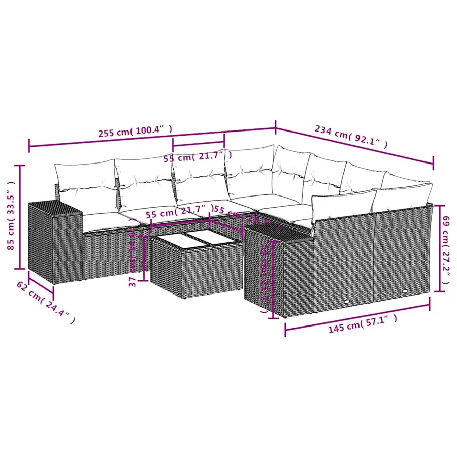 Ensemble de canapé de jardin 9 pcs avec coussins gris résine tressée - 8