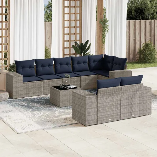 Ensemble de canapé de jardin 9 pcs avec coussins gris résine tressée