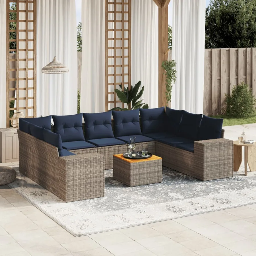 Ensemble de canapé de jardin 10 pcs avec coussins gris résine tressée