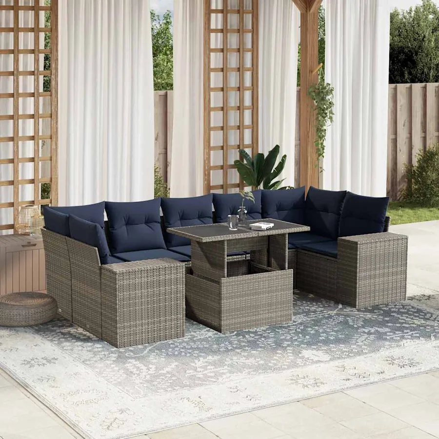 Ensemble de canapé de jardin 8 pcs avec coussins gris résine tressée