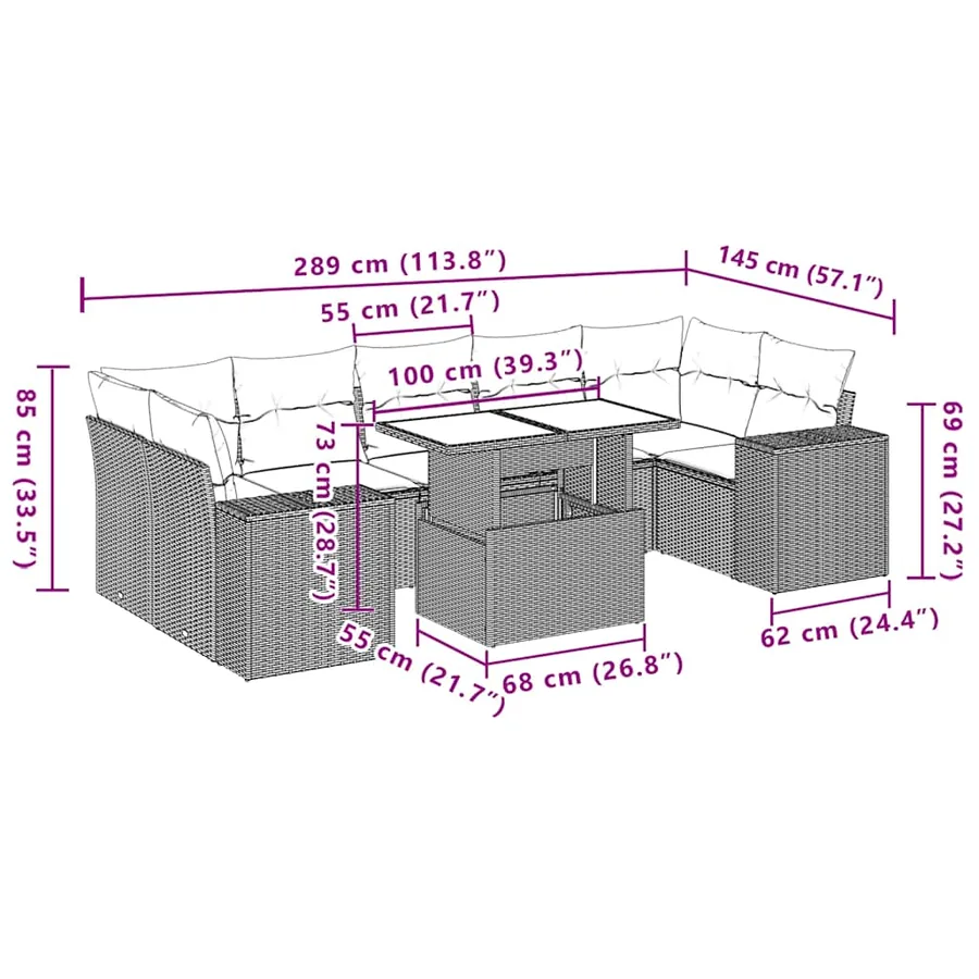 Ensemble de canapé de jardin 8 pcs avec coussins gris résine tressée - 10
