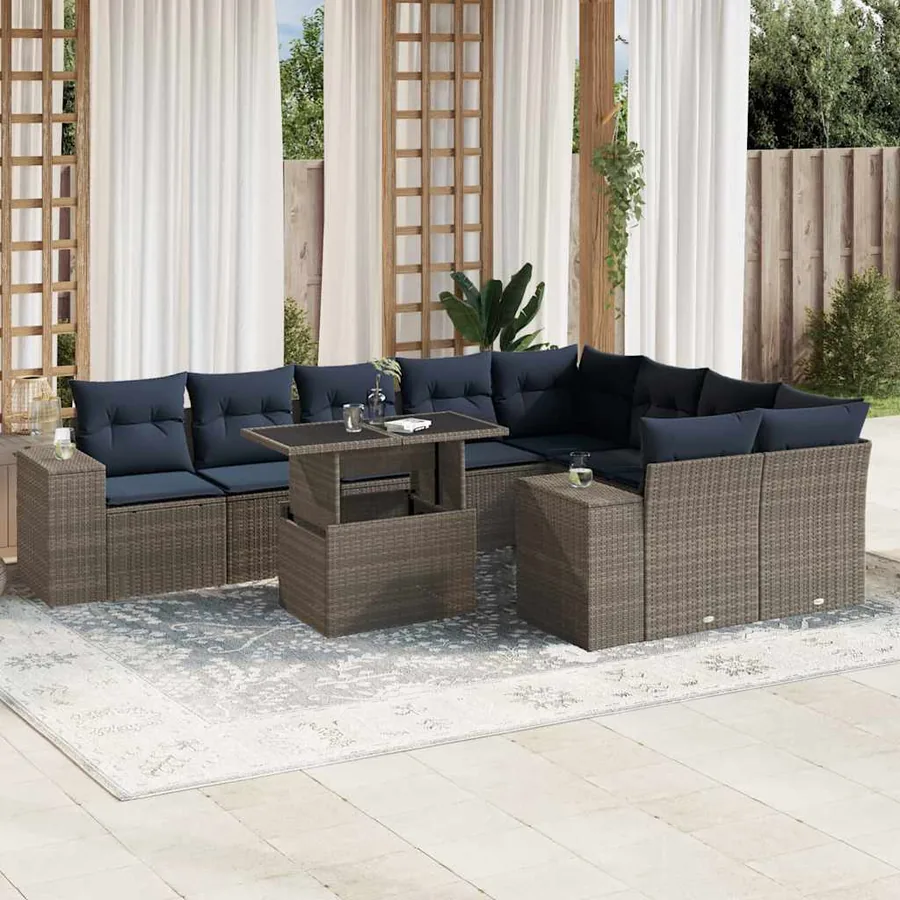 Ensemble de canapé de jardin 10 pcs avec coussins gris résine tressée