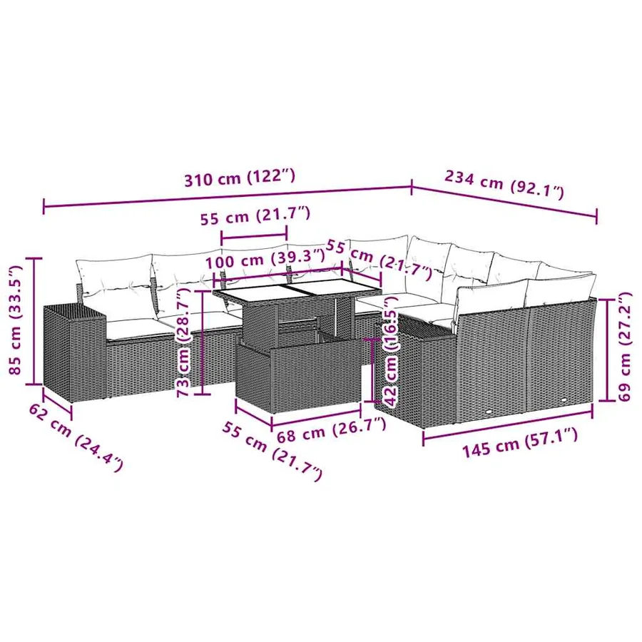 Ensemble de canapé de jardin 10 pcs avec coussins gris résine tressée - 10