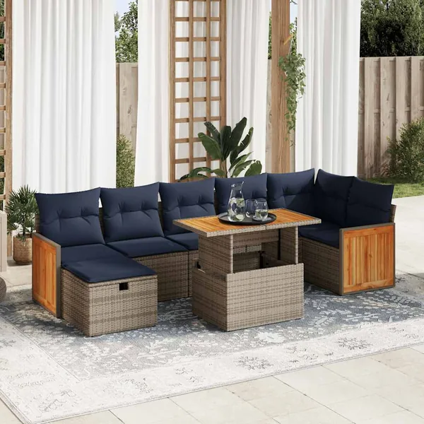 Salon de jardin 8pcs avec coussins gris résine tressée acacia