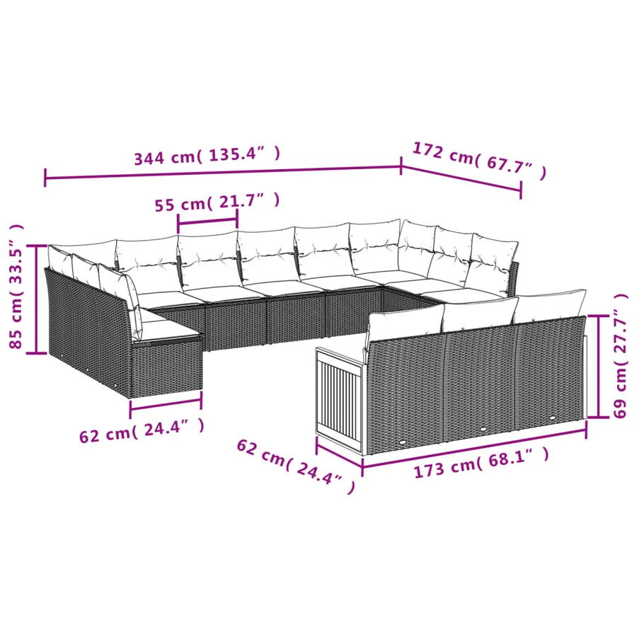 Ensemble de canapé de jardin 13 pcs avec coussins gris résine tressée - 7