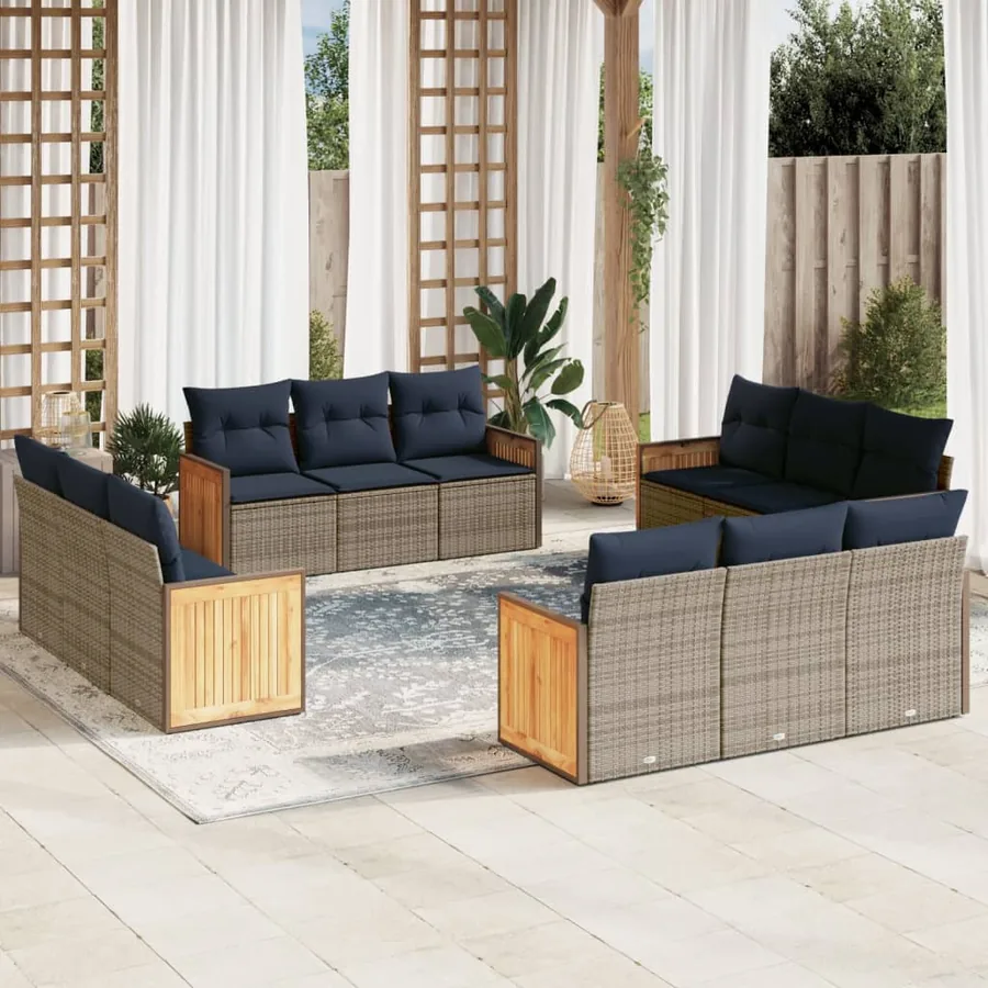 Ensemble de canapé de jardin 12 pcs avec coussins gris résine tressée