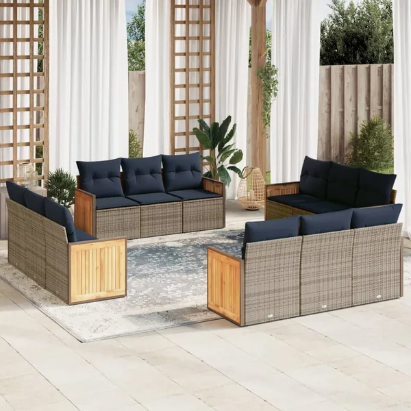 Ensemble de canapé de jardin 12 pcs avec coussins gris résine tressée