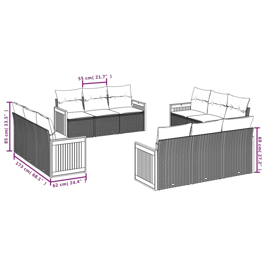 Ensemble de canapé de jardin 12 pcs avec coussins gris résine tressée - 6