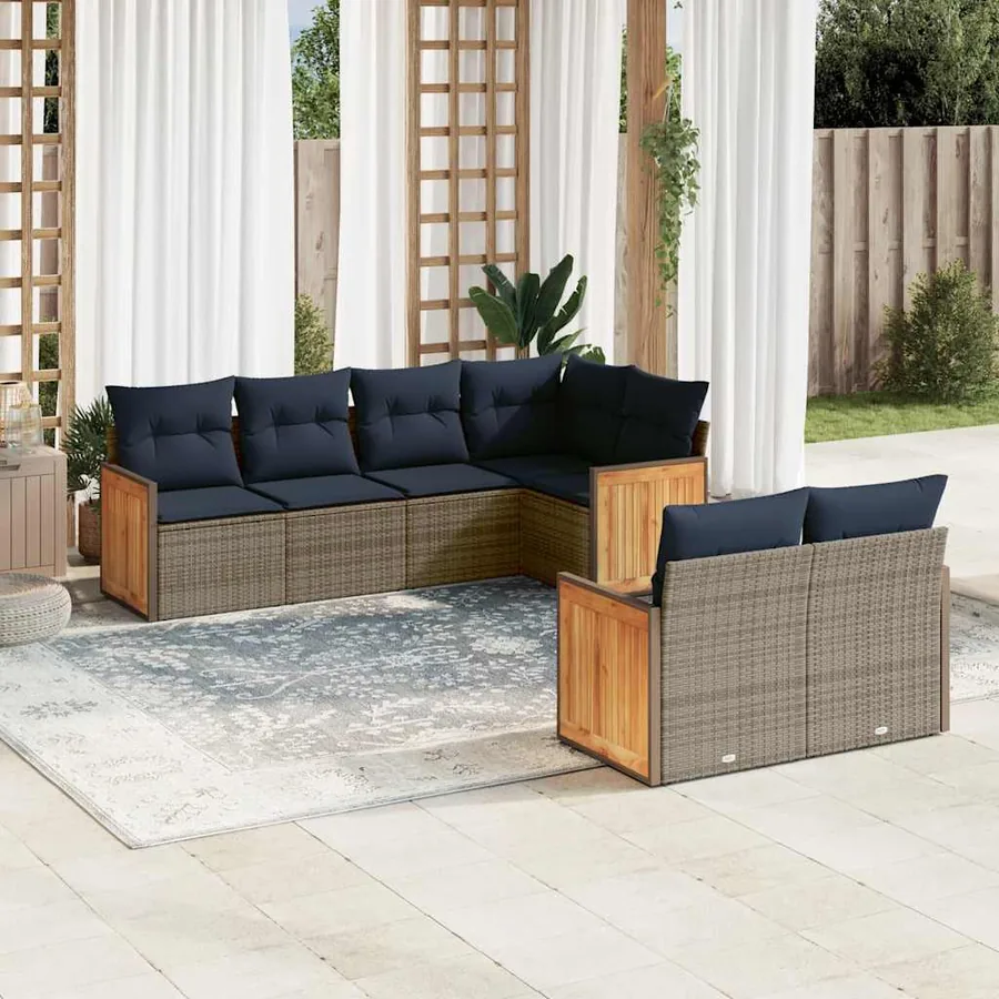 Ensemble de canapé de jardin 7 pcs avec coussins gris résine tressée