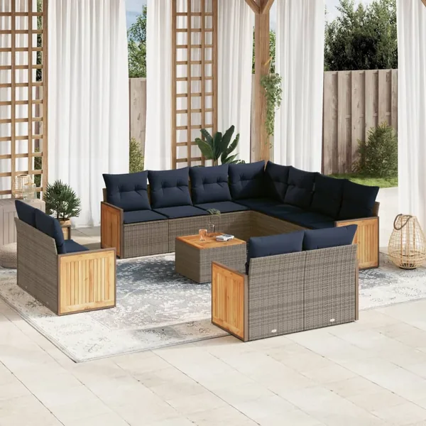 Ensemble de canapé de jardin 12 pcs avec coussins gris résine tressée