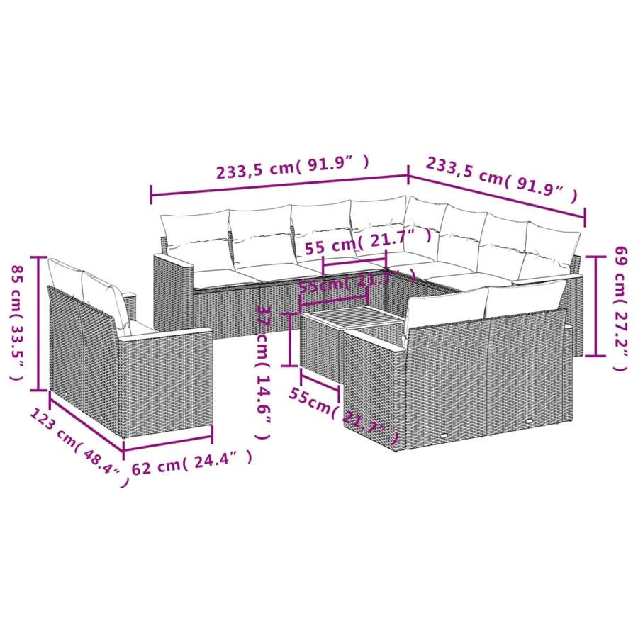 Ensemble de canapé de jardin 12 pcs avec coussins gris résine tressée - 8