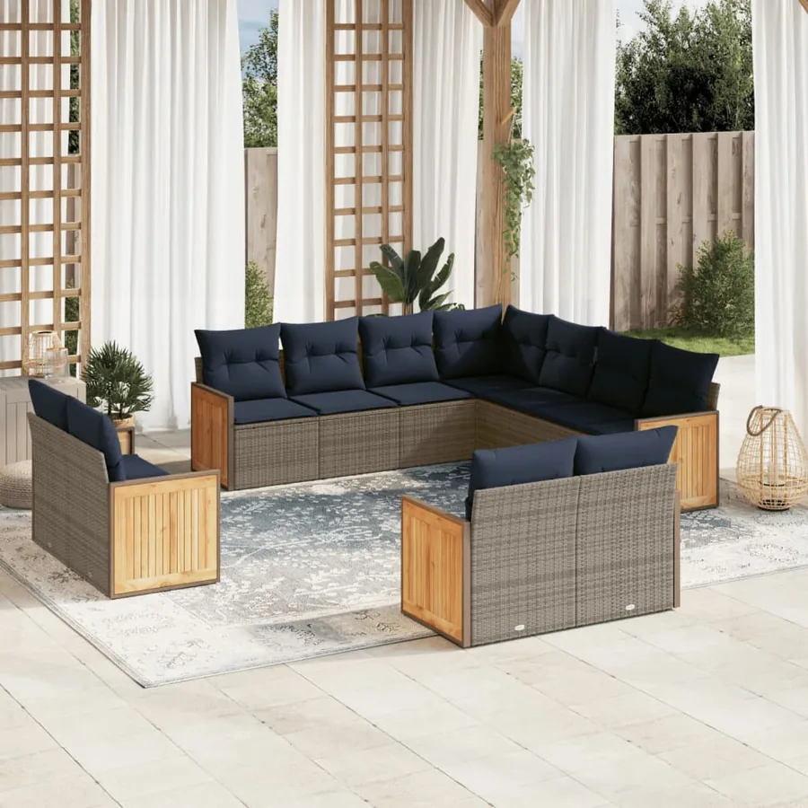 Ensemble de canapé de jardin 11 pcs avec coussins gris résine tressée