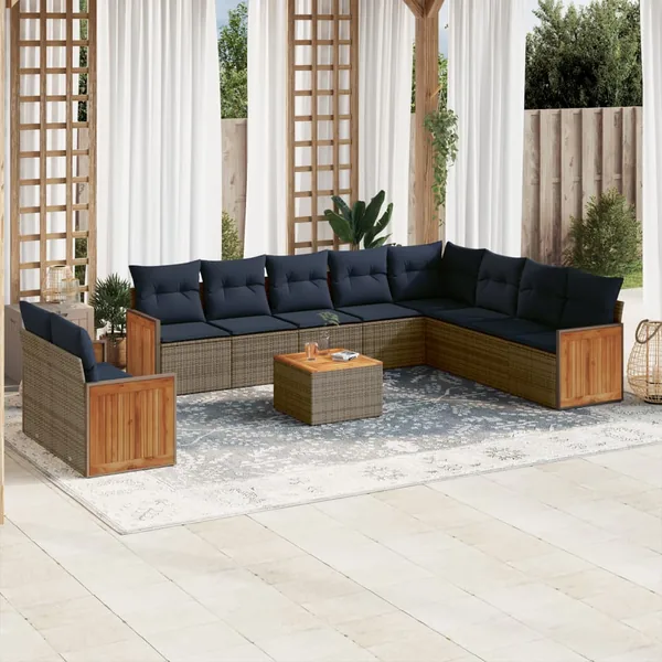 Ensemble de canapé de jardin 11 pcs avec coussins gris résine tressée
