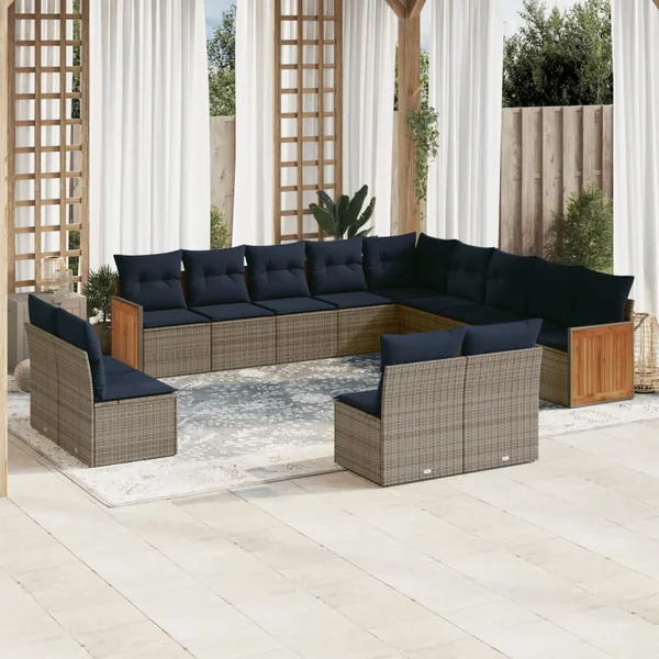 Ensemble de canapé de jardin 13 pcs avec coussins gris résine tressée