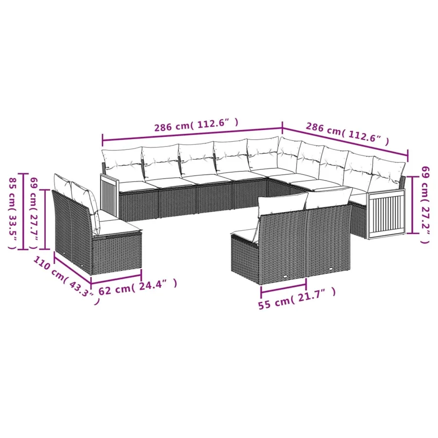Ensemble de canapé de jardin 13 pcs avec coussins gris résine tressée - 7