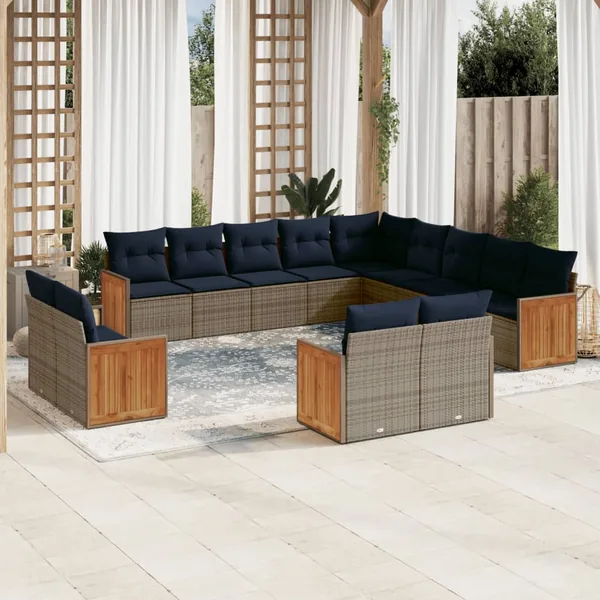 Ensemble de canapé de jardin 13 pcs avec coussins gris résine tressée
