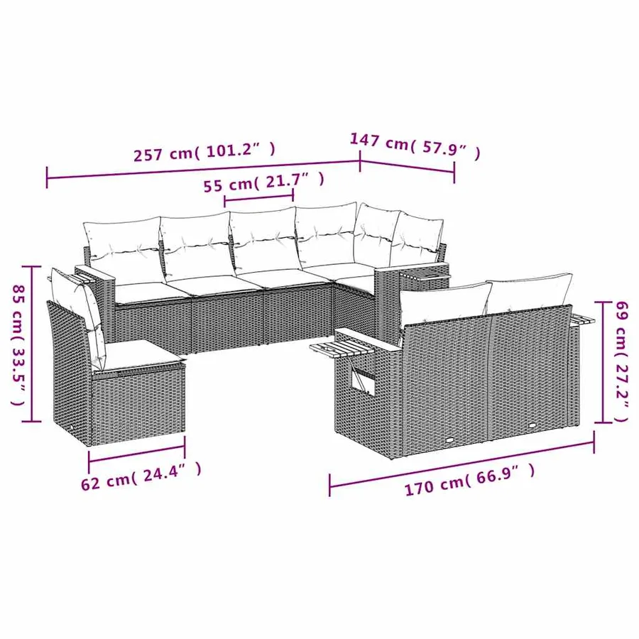 Salon de jardin 8 pcs avec coussins gris résine tressée - 9