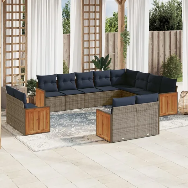 Ensemble de canapé de jardin 12 pcs avec coussins gris résine tressée