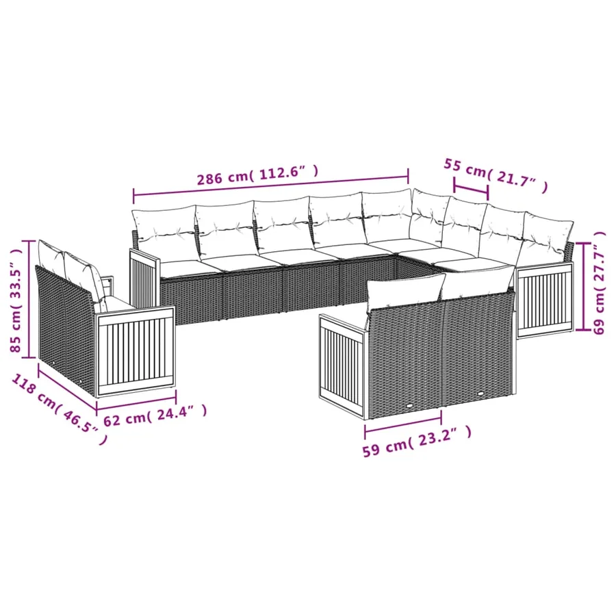 Ensemble de canapé de jardin 12 pcs avec coussins gris résine tressée - 7