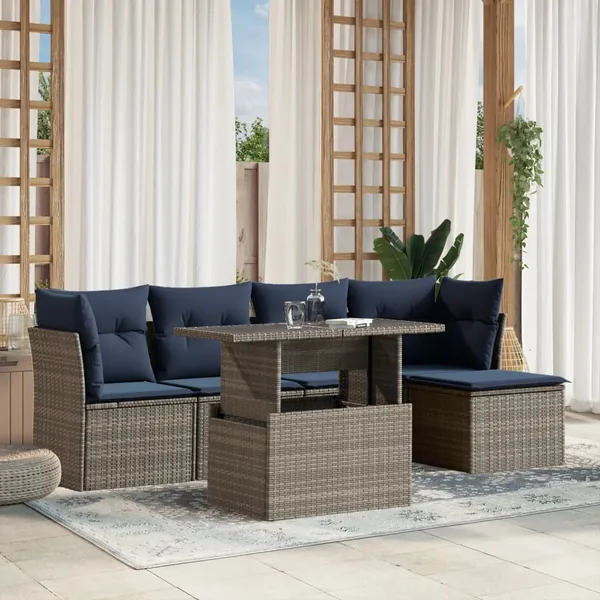 Ensemble de canapé de jardin 6 pcs avec coussins gris résine tressée