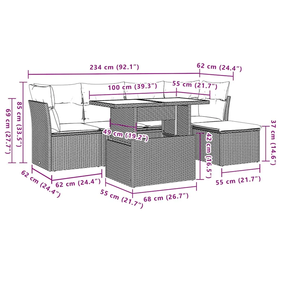 Ensemble de canapé de jardin 6 pcs avec coussins gris résine tressée - 10