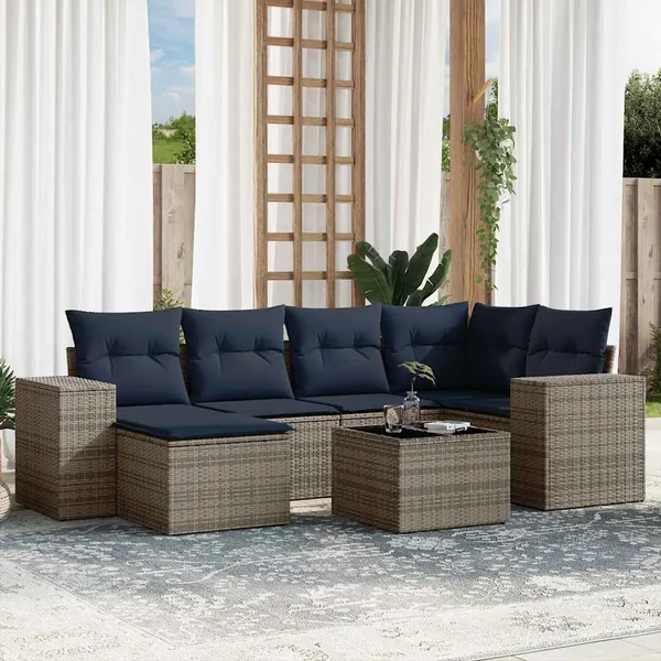 Ensemble de canapé de jardin 7 pcs avec coussins gris résine tressée