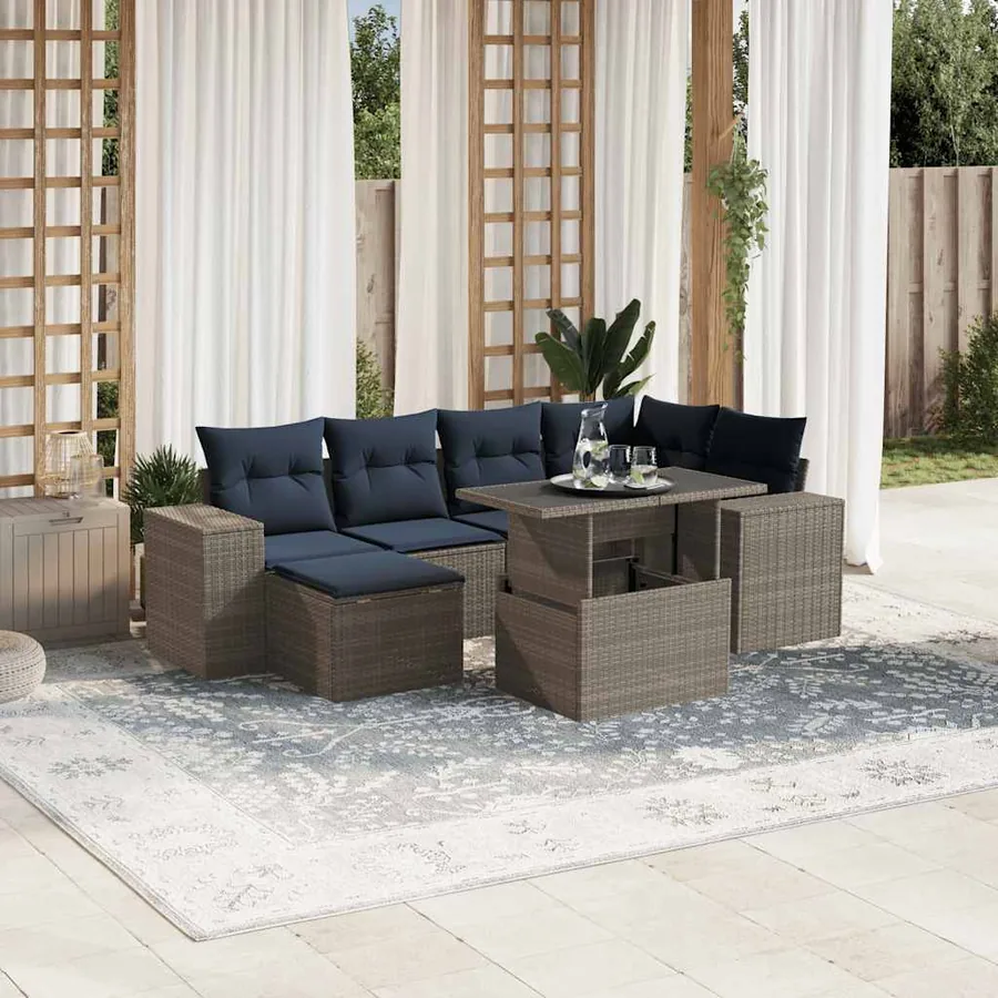 Ensemble de canapé de jardin 7 pcs avec coussins gris résine tressée