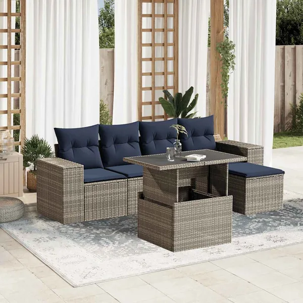 Ensemble de canapé de jardin 6 pcs avec coussins gris résine tressée