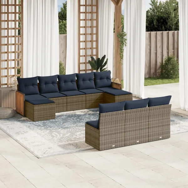 Ensemble de canapé de jardin 10 pcs avec coussins gris résine tressée