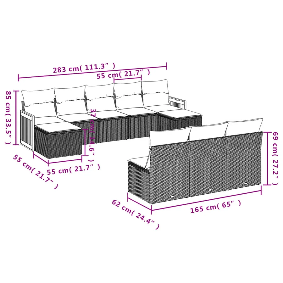 Ensemble de canapé de jardin 10 pcs avec coussins gris résine tressée - 7