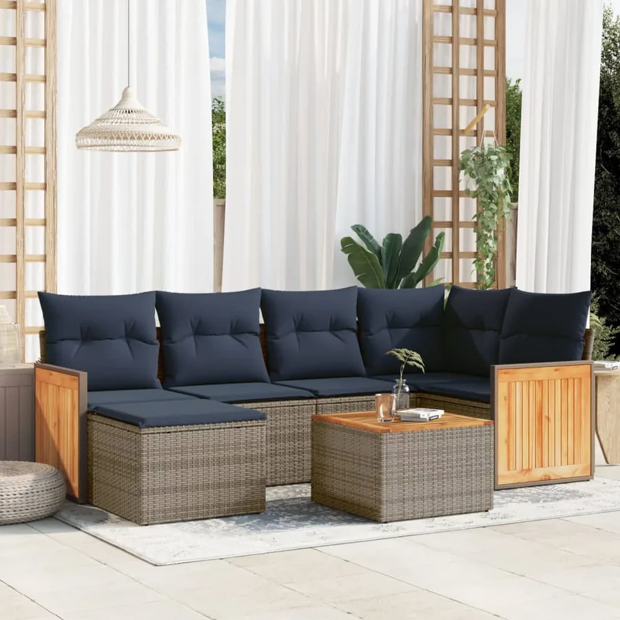 Ensemble de canapé de jardin 7 pcs avec coussins gris résine tressée