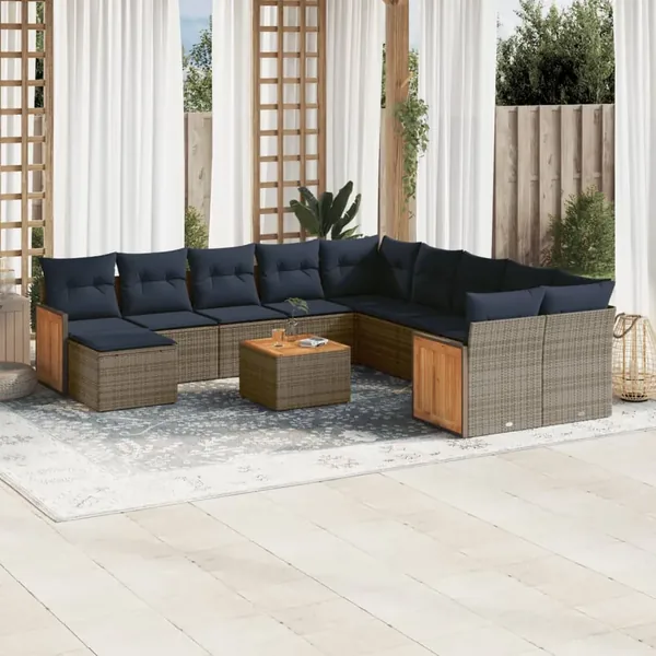 Ensemble de canapé de jardin 12 pcs avec coussins gris résine tressée