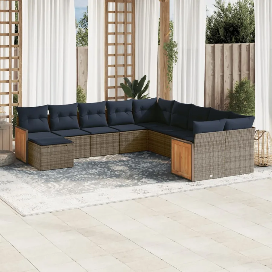 Ensemble de canapé de jardin 11 pcs avec coussins gris résine tressée