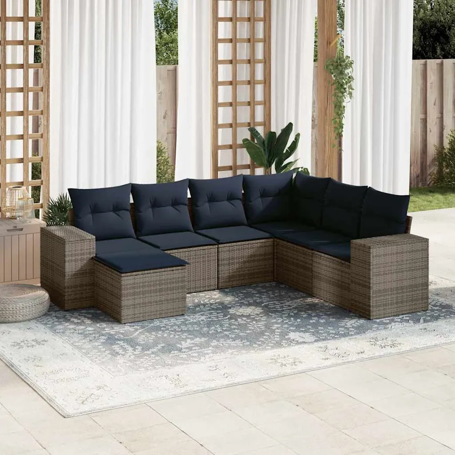 Ensemble de canapé de jardin 7 pcs avec coussins gris résine tressée